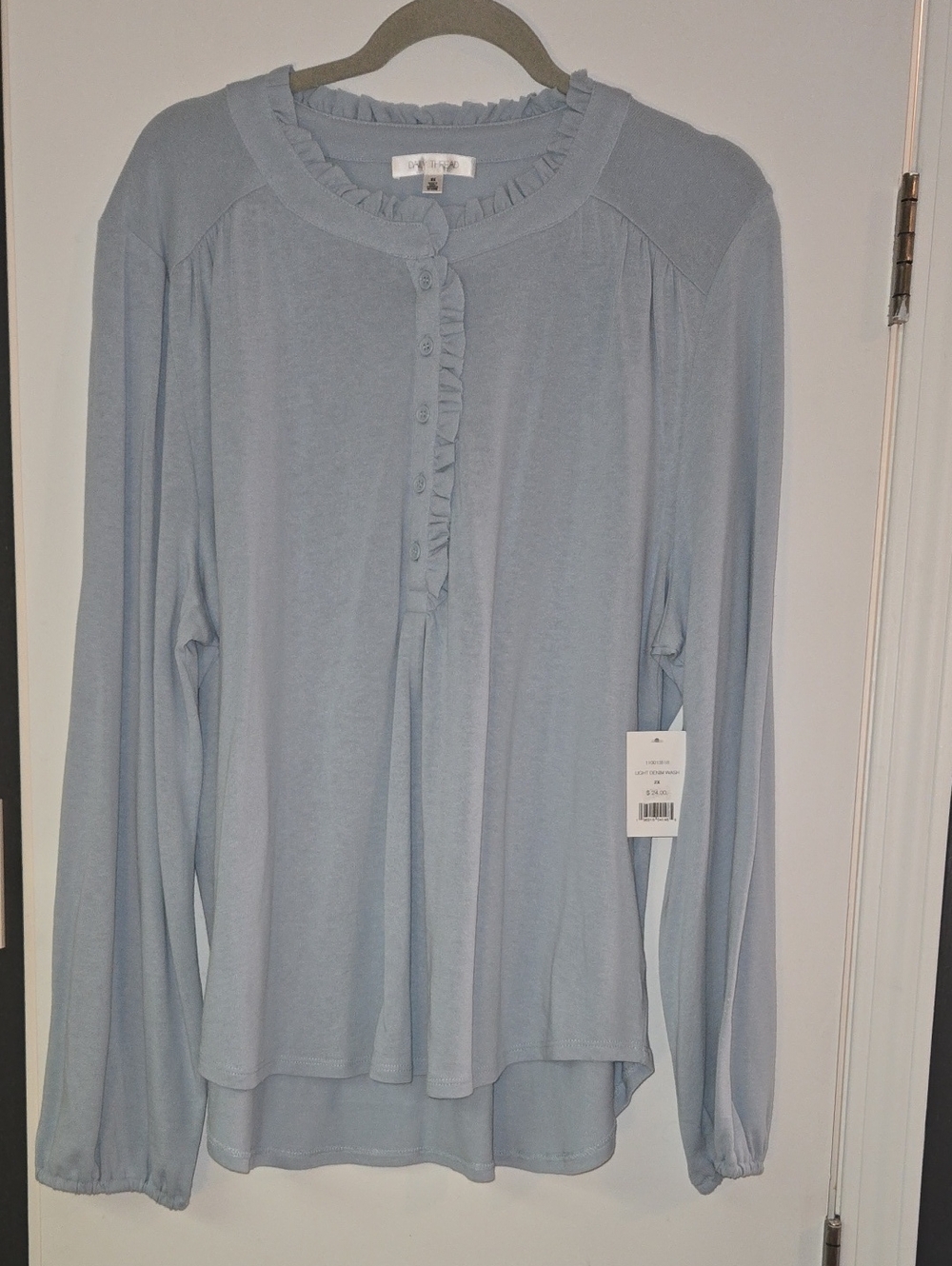 Light Blue Ruffle-Trim Long Sleeve Top